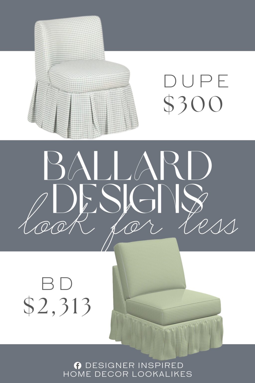 Ballard Designs Willoughby Slipper Chair with Ruffle Skirt Dupe. pleated skirt, cushioned back and seat. gingham pattern. polyurethane foam/polyester fiber batting