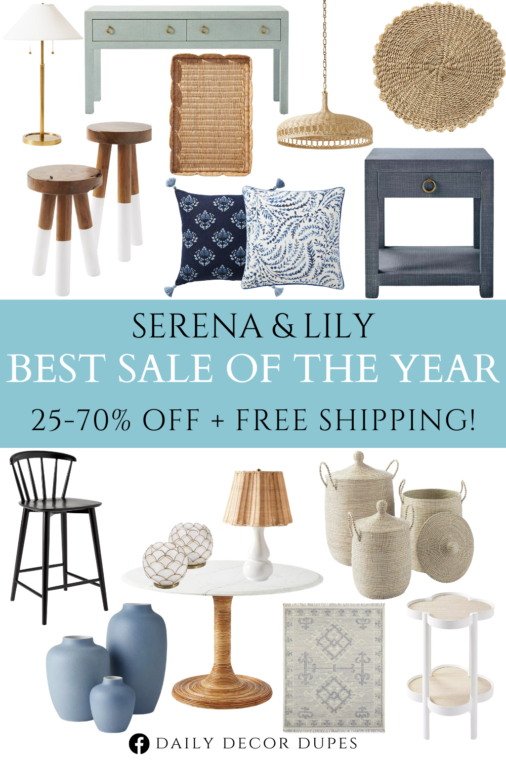 Best Sale of the Year 25 to 70% OFF + Free Shipping at Serena & Lily. The sale is 25% to 70% off + free shipping some of their most popular furniture, rugs, pillows, lidded baskets, beds, bedding, home decor, lighting, dressers, hanging swings, and mirrors.