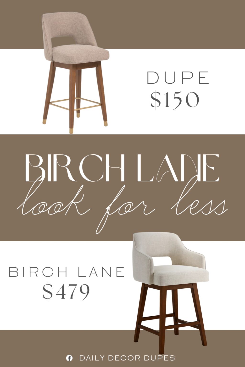Birch Lane Lainey Upholstered Bar Stool Dupe. swivel design, cushioned back and seat, gold tone accent