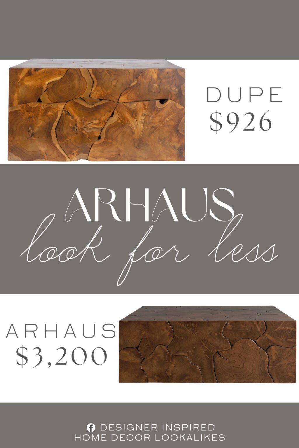 Arhaus Kalmar Square Coffee Table Dupe. this coffee table is carved from a single teakwood root, presenting a raw and natural aesthetic.