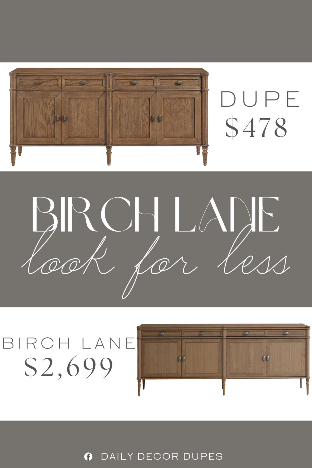 Birch Lane Susie Oak Sideboard Dupe. Crafted from solid rubberwood and red oak veneers for lasting durability. Farmhouse-inspired design with turned wood legs.