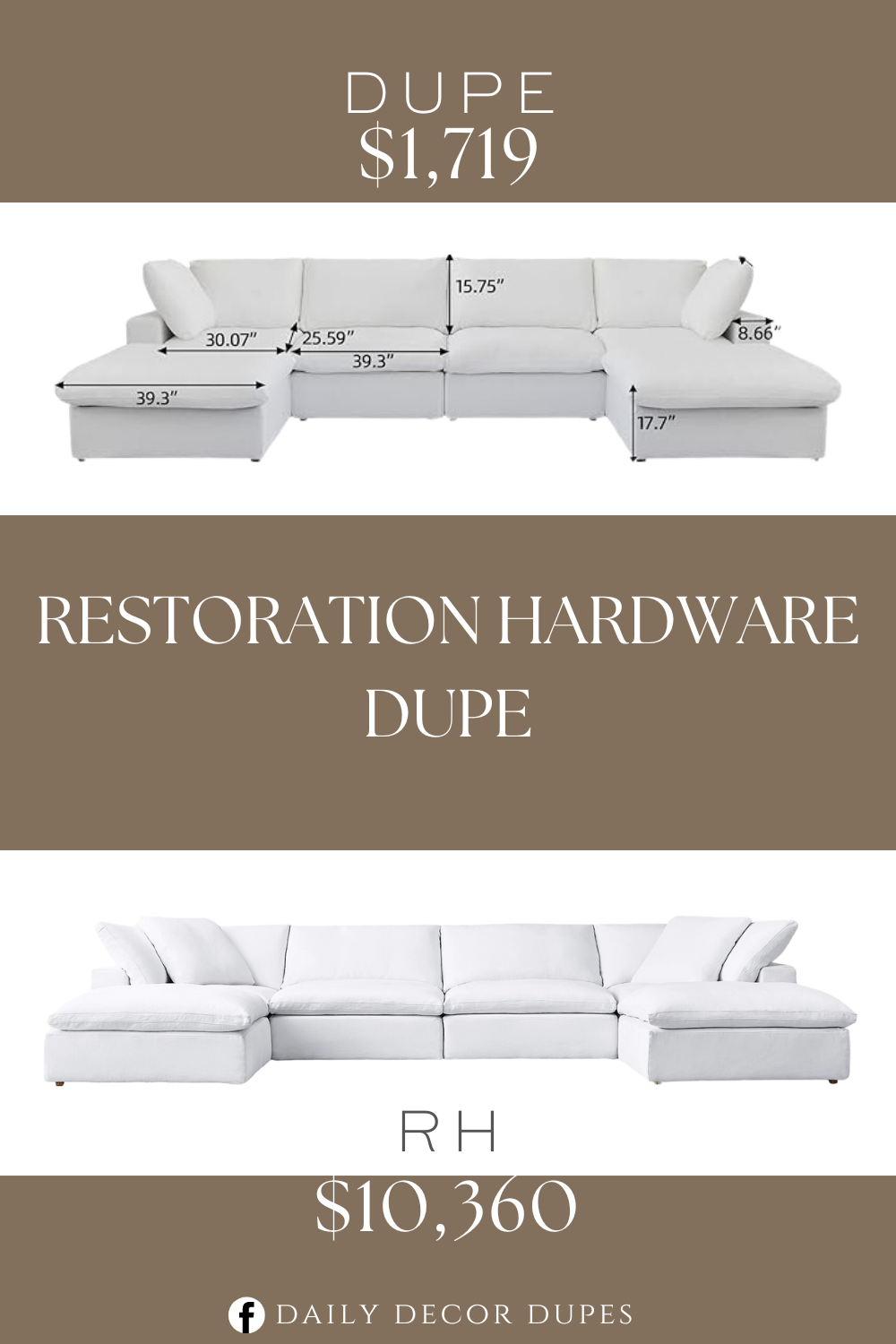 Restoration Hardware Cloud Modular 6-Piece U-Chaise Sectional Couch Dupe. Plush feather and down cushions. Handcrafted frame. Engineered wood and hardwood construction. Contemporary living room furniture.