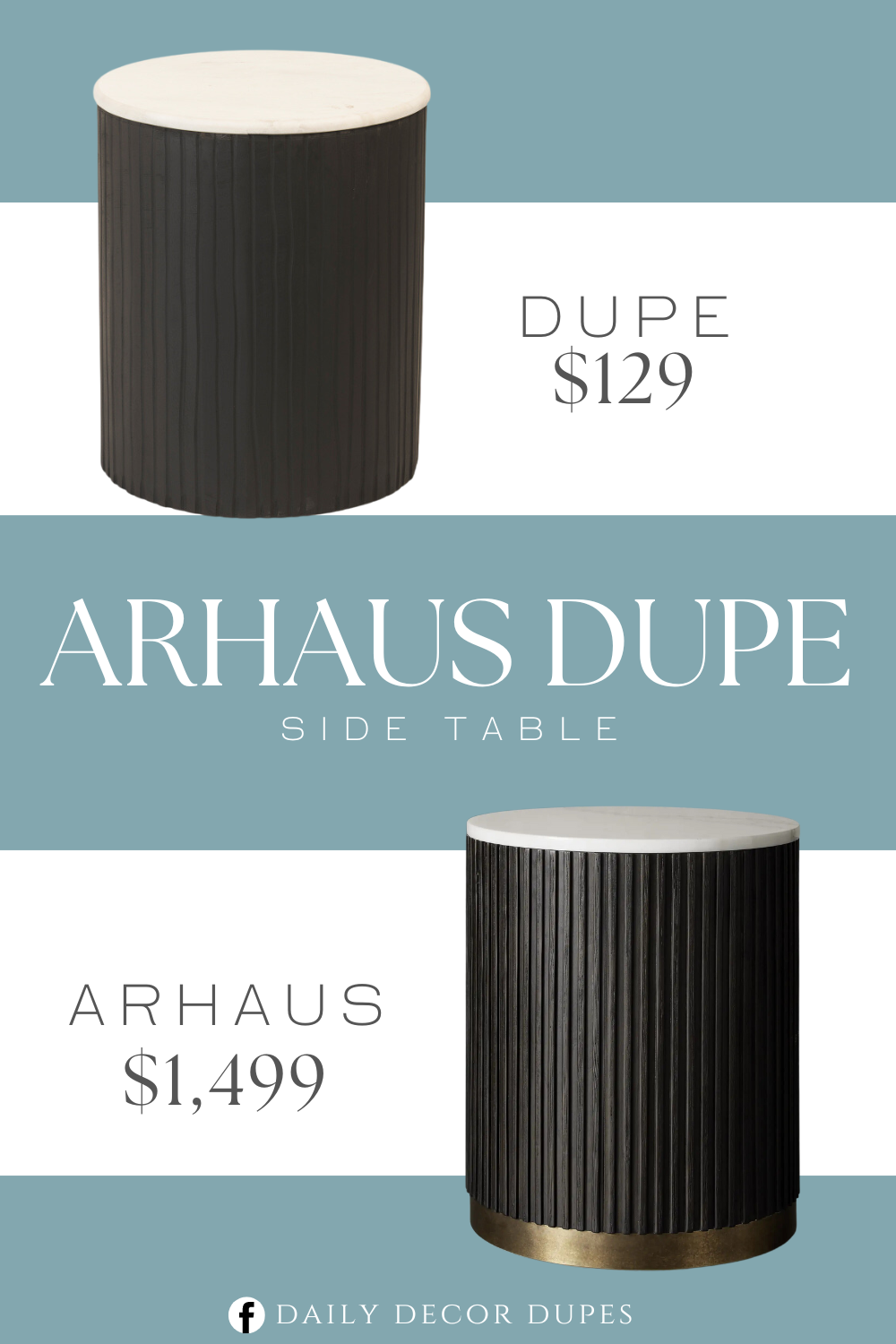 Arhaus Finnley End Side Table Dupe. Marble top, wood base, fluted details. Overall dimension 20in D x 24in H. Made from wood and marble.