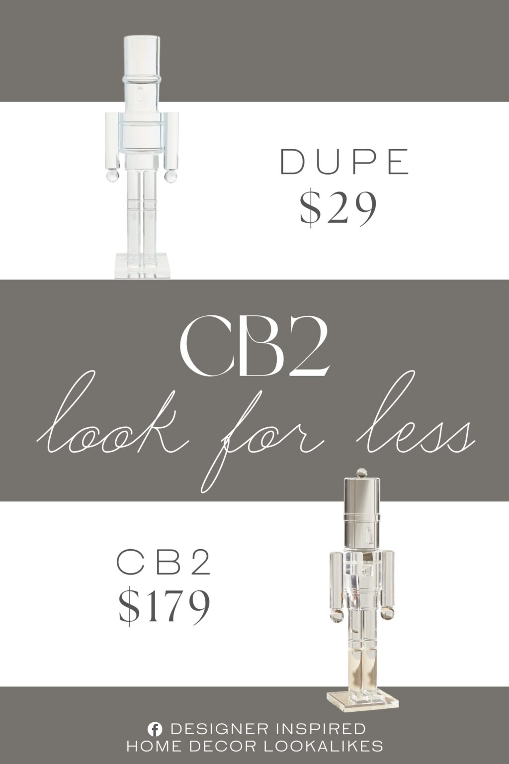 CB2 Clear Acrylic Christmas Nutcracker Dupe. Features an elegant clear design, offering a modern seasonal aesthetic.