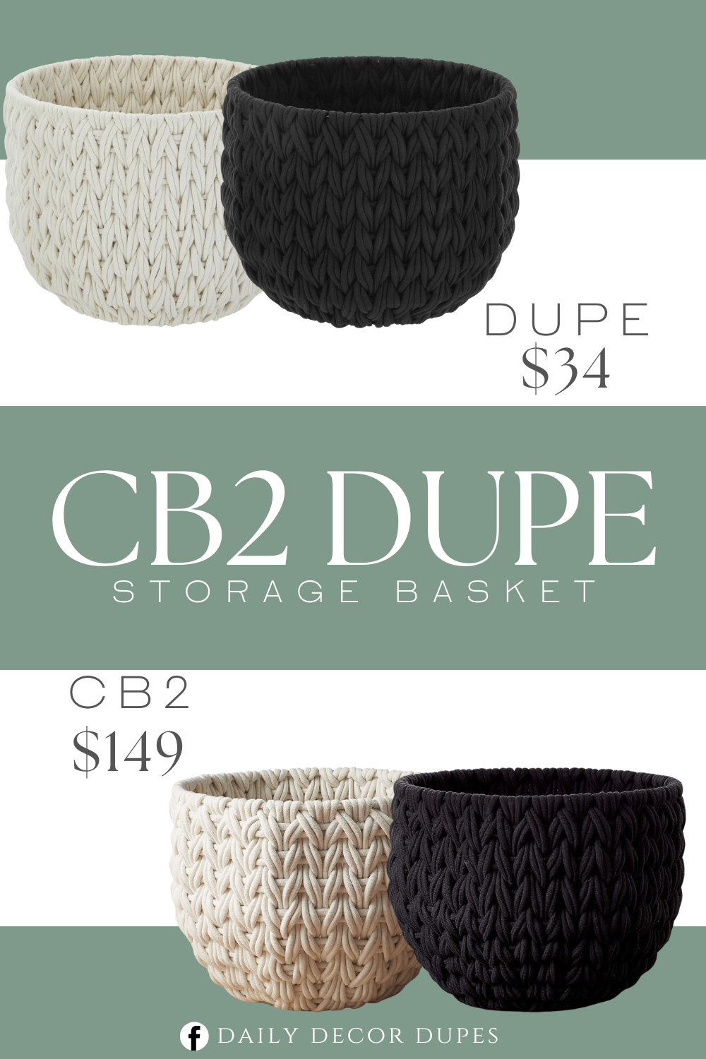 CB2 Conway Round White Cotton Storage Basket Large Dupe. Stylish, round chunky woven pattern. Handcrafted with durable polyester material wrapped around a sturdy iron frame. Dimensions: 18.9”L x 18.9”W x 14.96”H.