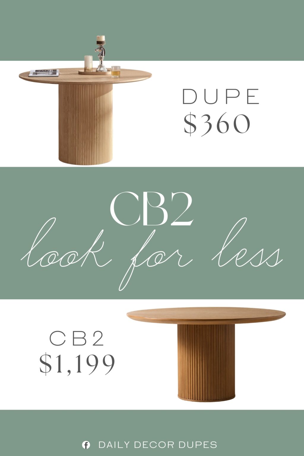 CB2 Davison Round Fluted Oak Dining Table Dupe. This round dining table featuring a stylish T-shaped design and delicate bottom line, has a simple yet stylish design that fits well in both kitchens and living rooms for casual meals or entertaining guests. The base is round metal leg base surrounded by wooden strips, ensuring both delicacy and load-bearing ability.