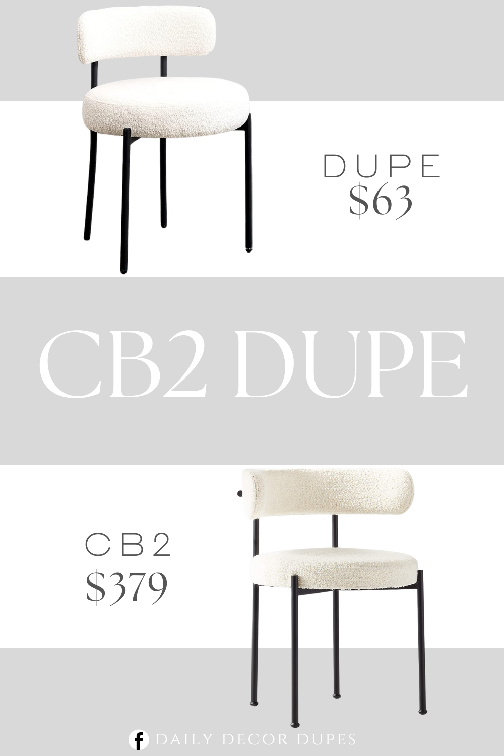 CB2 Inesse Boucle Ivory Dining Chair Dupe. The backrest of this mid-century modern dining chairs is designed with a beautiful curve that will fit your back well while you eat and rest. Dining chair are designed with a small rotatable foot pad on the legs of the chair.