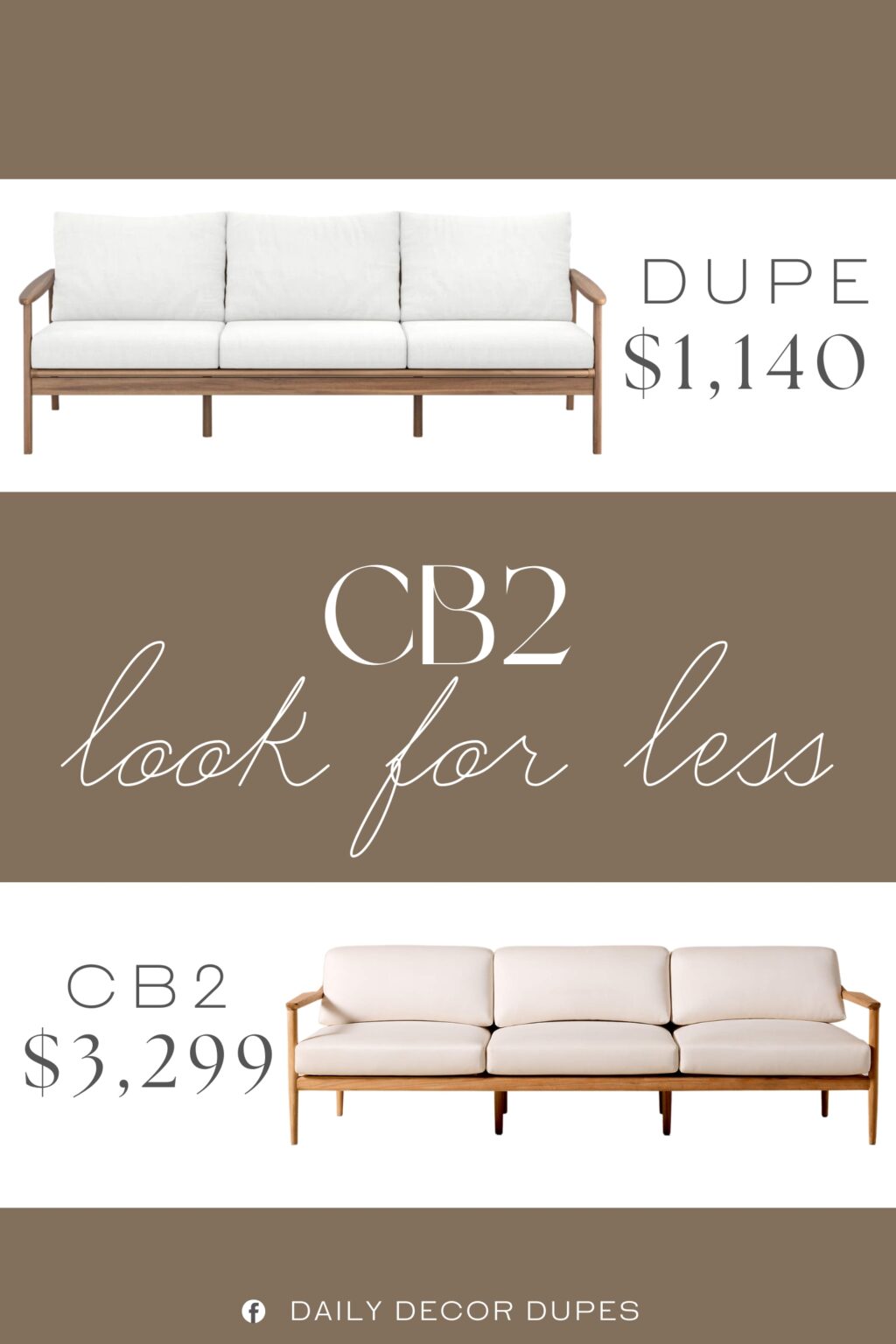 CB2 Tide Teak Outdoor Sofa Dupe. Crafted from FSC-Certified Acacia solid wood, this outdoor item offers exceptional strength and longevity. Naturally resistant to the elements, acacia ensures your furniture withstands weather conditions while maintaining its beauty over time.