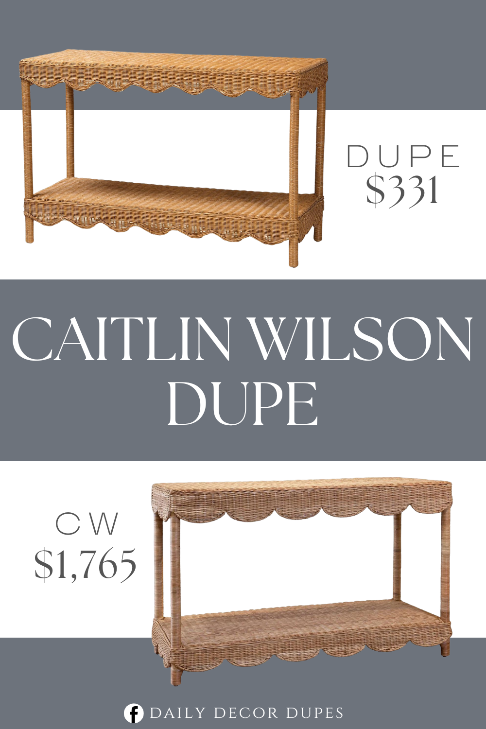 Caitlin Wilson Coco Console Dupe. Constructed from Natural Rattan. Scalloped Design with Rectangular Tabletop. Overall: 49.20" W x 20.10" D x 31.50" H; Bottom Open Shelf Space: 48.00" W x 19.70" D x 19.70" H; Clearance(floor to bottom of shelf): 7.90"H; Clearance(floor to front scallop boarder): 2.80"H.