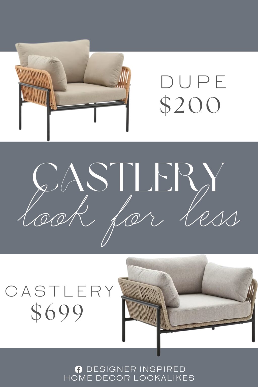 Castlery Sierra Outdoor Lounge Dining Chair Dupe. This lounge chair features soft beige cushions and light wood-tone synthetic rope accents, creating a warm and modern look suitable for various spaces.