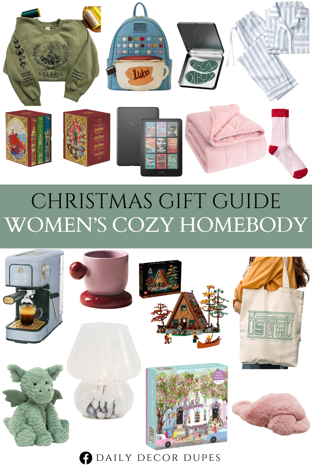 Christmas Gift Guide Women’s Cozy Homebody. Forever Eye Mask Reusable 100% Silicone Patches. Crossband Slide Slippers. Sherpa Fleece Weighted Blanket for Adult. Harry Potter Books 1-3 Boxed Set. Cotton Canvas Tote Bag. Beach Club Stripe Pajamas. Open Top Mushroom Lamp. Loungefly Gilmore Girls Luke's Diner Domed Coffee Mug Double Strap Shoulder Bag. Velaris Embroidered Sweatshirt. LEGO Ideas A-Frame Cabin Collectible Display Set. Women's Cozy Knit Ribbed Crew Socks. Beautiful Slim Espresso Maker. Amazon Kindle Colorsoft Signature Edition (32 GB). Espresso Cup. 1000 Piece Joy Laforme Puzzle.