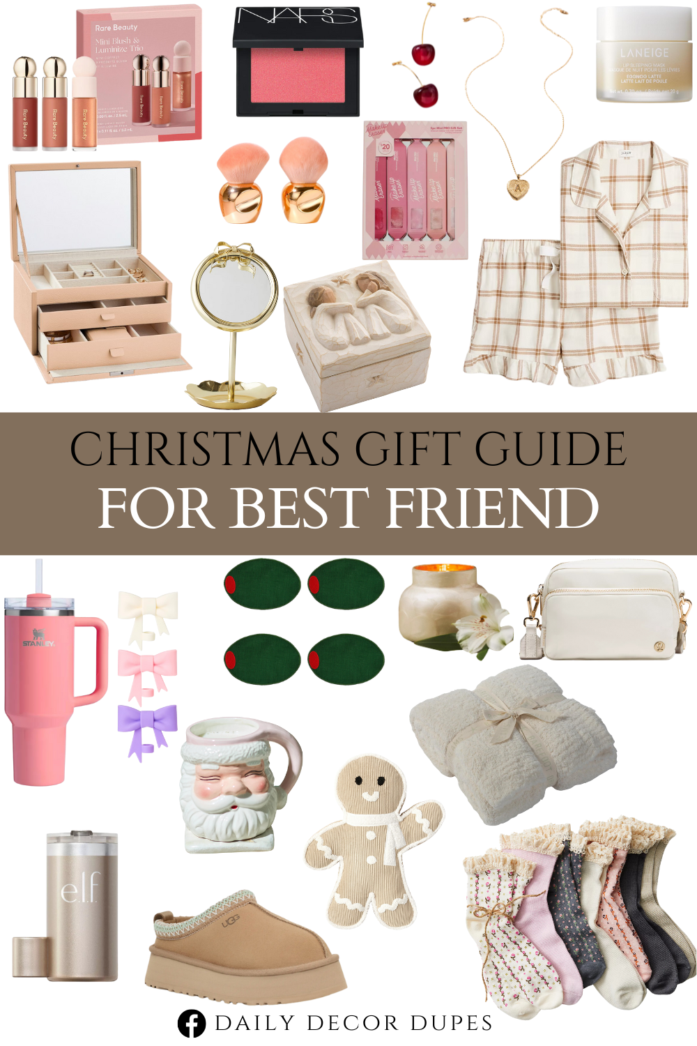 Christmas Gift Guide for Best friend. Cocktail Napkin. Cherry Drop Earrings. The Ultimate Sock Pack. Mini Blush and Luminize Trio. Monogram Heart Locket Necklace. Gingerbread Man Pillow. MakeUp Eraser Gift Set. Volcano Capiz Jar Candle​. LANEIGE Lip Sleeping Mask. Bow Straw Cover Topper for Stanley Cup. Bow Tabletop Mirror. Stanley 40oz Stainless Steel H2.0 FlowState Quencher Tumbler. Santa Claus Mug. Friendship Keepsake Box. Lip Accessory Organizers. Kabuki Makeup Brushes. Jewelry Box. Talc-Free Powder Blush. Everywhere Crossbody Bag. Barefoot Dreams CozyChic Throw. Long-sleeve ruffle flannel pajama set.