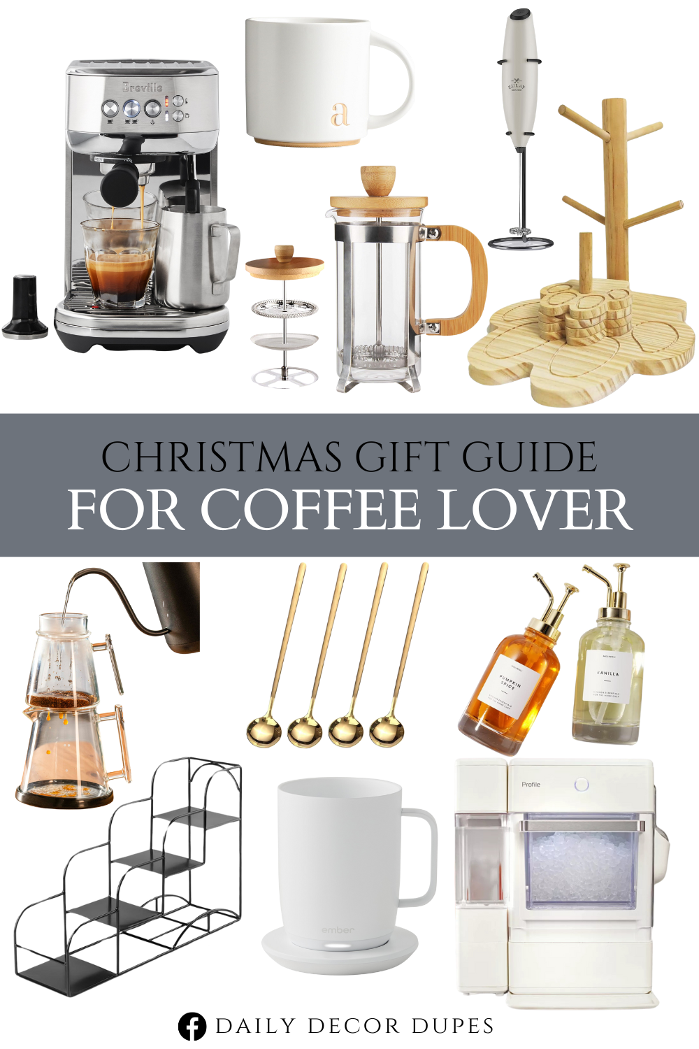 Christmas Gift Guide for Coffee Lover. Breville Bambino Plus Espresso Machine. 15 oz Golden Initial Coffee Cups. 12 oz French Press Coffee/Tea Maker Single Cup. Powerful Milk Frother Wand. Coffee Mug Tree with 4 Coasters. Pure Over Glass Pour. 4 PCS 6.7 Inches Coffee Spoons. Syrup Dispenser for Coffee Bars. Coffee Syrup Rack for Coffee Bar Accessories. Ember Mug 2. Opal Nugget Ice Maker.