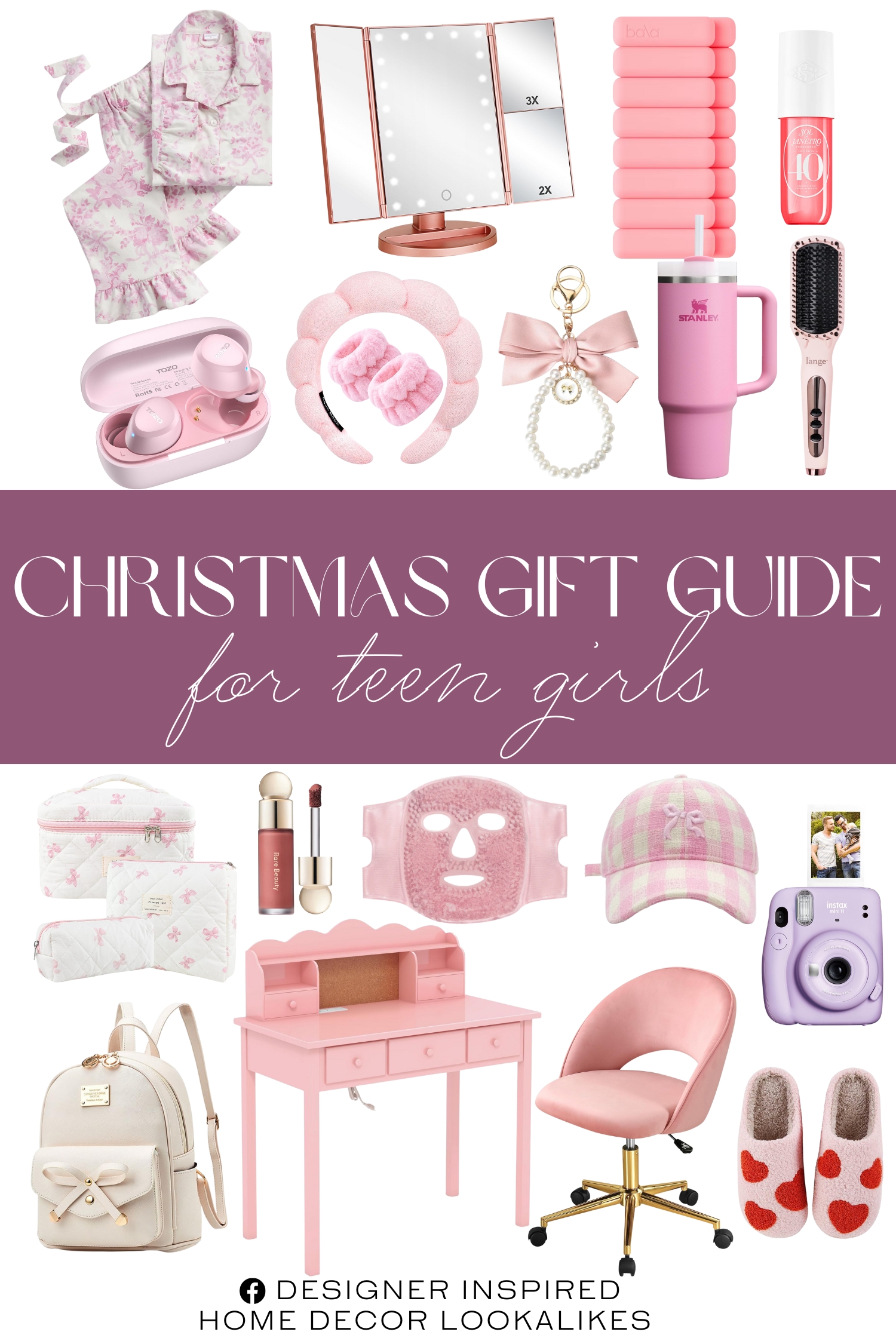 Christmas Gift Guide for Teen Girls. LoveShackFancy Flannel Pajama Set. 3 PCS Quilted Makeup Bag. Bow-Tie Baseball Cap. Pearl Bow Keychain. Soft Pinch Liquid Blush. Comfy House Slippers. STANLEY Quencher H2.0 Tumbler with Handle. L'ANGE HAIR Le Vite Straightening Brush. TOZO A1 Wireless Earbuds. 2pc Wrist & Ankle Weight Set. Sol de Janeiro Cheirosa 40 Hair & Body Perfume Mist. Flymiro Tri-fold Lighted Vanity Makeup Mirror. Fujifilm Instax Mini 11 Instant Film Camera. Zkptops Spa Headband. Bowknot Cute Leather Backpack. Cryo Chill Ice Beaded Face Mask. Writing Desk with Hutch and Drawers. Vanity Chair with Back.