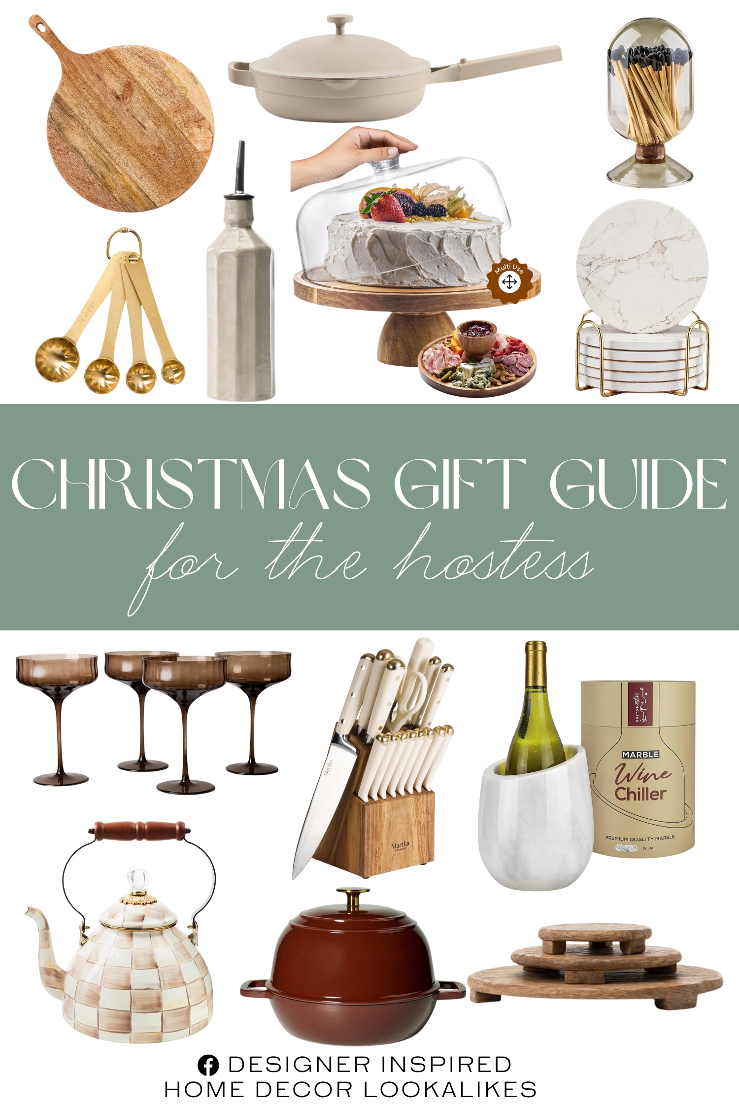 Christmas Gift Guide for the Hostess. Christmas Gift Guide for the Hostess. Mango Wood Carved Pedestal. Emilia Cruet. 6 Pack White Marble Coaster Set with Holder. Gusto Nostro Marble Wine Chiller Bucket. Acacia Wood Christmas Cake Stand with Dome Lid. Carved Edge Round Wood Board. 12oz Coupe Glass. CHILDS Enamel Tea Kettle with Wooden Handle. Dutch Bread Oven. Cutlery Kitchen Knife Block Set. 4pc Stainless Steel Measuring Spoons. Smoke Gray Glass Matches. Our Place Always Pan.