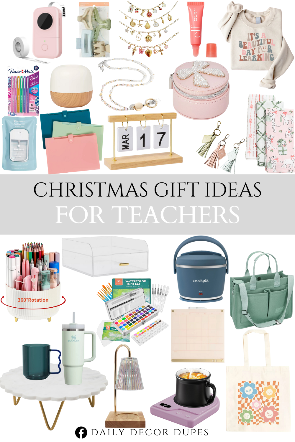 Christmas Gift Ideas for Teachers. Bluetooth Mini Label Printer. Power Mist Hydrating Hand Sanitizer. Pink Purse Charm Leather Tassel Keychain. Round Travel Jewelry Organizer with Pearl Bow. Glass Mug Green with Blue Handle. Large Canvas Tote Bag for Women. 3pc Christmas Present Kitchen Towels. Small Woodgrain Essential Oil Diffuser. Marble Scalloped Serving Stand. Paper Mate Flair Candy Pop 6pk Felt Pens. Retractable Lanyards for ID Badges and Keys. Acrylic Large Paper Tray with Drawer. Acrylic Dry Erase Calendar with Metal Bulletin Strip. Wood Desk Calender Natural Wood. 3pk Poly Expandable File Holder Soft Summer. Watercolor Paint Set. Food Warmer 20 oz. Checkered Flowers And Smiley Canvas Tote Bag. Build Your Own Custom Charm Necklace for Women. Consciously Minded Recycled Claw Clips. e.l.f. Squeeze Me Lip Balm. Desk Pencil Pen Holder. Stanley 30 oz Stainless Steel H2.0 Flowstate Quencher Tumbler. Coffee Mug Warmer with 3 Adjustable Temperature Settings. Candle Warmer Irridescent Ribbed Glass Shade. Teacher Retro Sweatshirt.