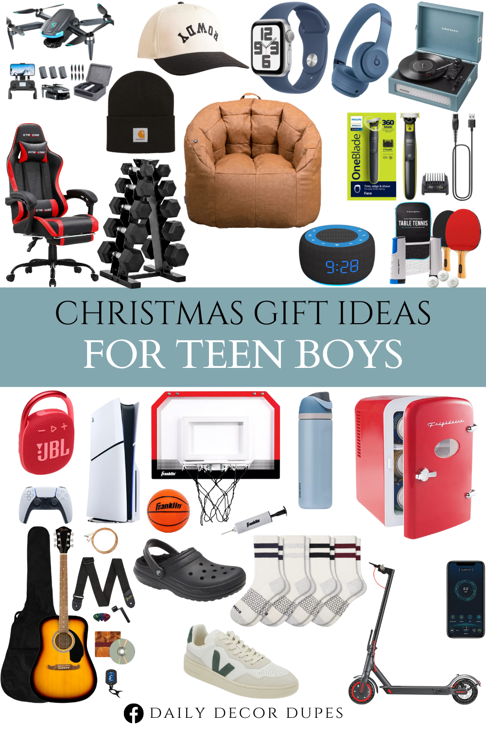 Christmas Gift Ideas for Teen Boy. Men's Vintage Stripes Half Calf Socks 4-Pack. Classic Lined Slipper (Men). PlayStation 5 Disc Console Slim. Foldable Electric Scooter for Adults and Child. Dumbbell Set with Rack. Apple Watch SE (2nd Gen) [GPS 44mm] Smartwatch with Silver Aluminum Case with Denim Sport Band. Bluetooth Vinyl Record Player. Ergonomic Gaming Chair with Adjustable Pillows and Footrest. 2 Axis Gimbal Drones with 4K EIS Camera for Adults Beginner. V-90 Leather Sneaker (Men). Sound Machine & Alarm Clock 2-in-1. Baseball Hat. Dreadnought Acoustic Guitar. Pro Hoops Basketball. Retro 6 Can Mini Personal Fridge Cooler. Clip 4 - Ultra-portable Waterproof Speaker. Watch Beanie. All-in-One Portable Ping Pong Set with Retractable Net. Bluetooth Wireless On-Ear Headphones. FreeSip Stainless Steel Water Bottle. Vibrating Massage Bean Bag Chair. Oneblade 360 Face Hybrid Electric Trimmer and Shaver.