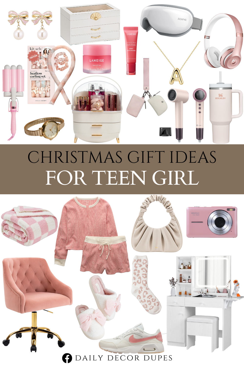 Christmas Gift Ideas for Teen Girl. Wireless On-Ear Headphones. STANLEY Quencher H2.0 FlowState Stainless Steel. Popsnap Digital Camera. Eye Massager with Heat & Vibration. Laneige Lip Sleeping Mask. Storage Organizer. Pro Hair 1.25-Inch Waver. Dual Pouch Wristlet. Velvet Office Swivel Chair. Checkered Blanket. Gabbi Ruched Hobo Handbag. Leopard Print Fuzzy Socks for Women. Letter Necklace Bubble Initial Pendant Necklaces for Women. Dainty Round Stretch Watch. Nike Air Max SC Trend. Dainty Bow Earrings for Women. LANEIGE Lip Glowy Balm Hydrate. Hair Dryer. Satin Heatless Curling Set. Bonnie Bow Slippers. Vanity Desk with LED Lighted Mirror & Power Outlet. Jewelry Box with 2 Drawers. Waffle Plush PJ Set.