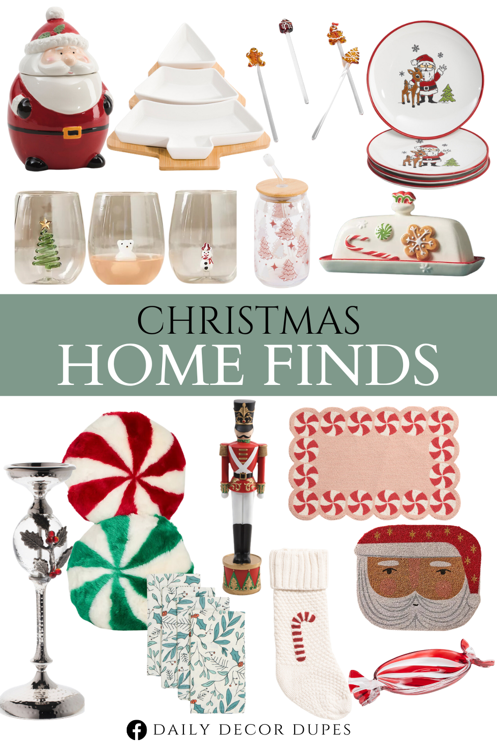 Christmas Home Finds 2024. Crochet Candy Cane Knit Stocking, Santa Cookie Jar, Christmas Tree Luster Cups With Lids And Straws, Christmas Tree Serving Tray, 100 Percent Cotton Christmas Leaves Napkins, Rudolph Christmas Night Dinner Plates, Candle Holder, Peppermint Figural Serving Bowl, Gingerbread Icon Stir Sticks, Peppermint Faux-Fur Pillow, Jolly Icon Stemless Wine Glass, Ceramic Stoneware Butter Dish, Santa Claus Doormat, Soldier Decor, Wool Blend Candy Cane Scalloped Hook Rug.