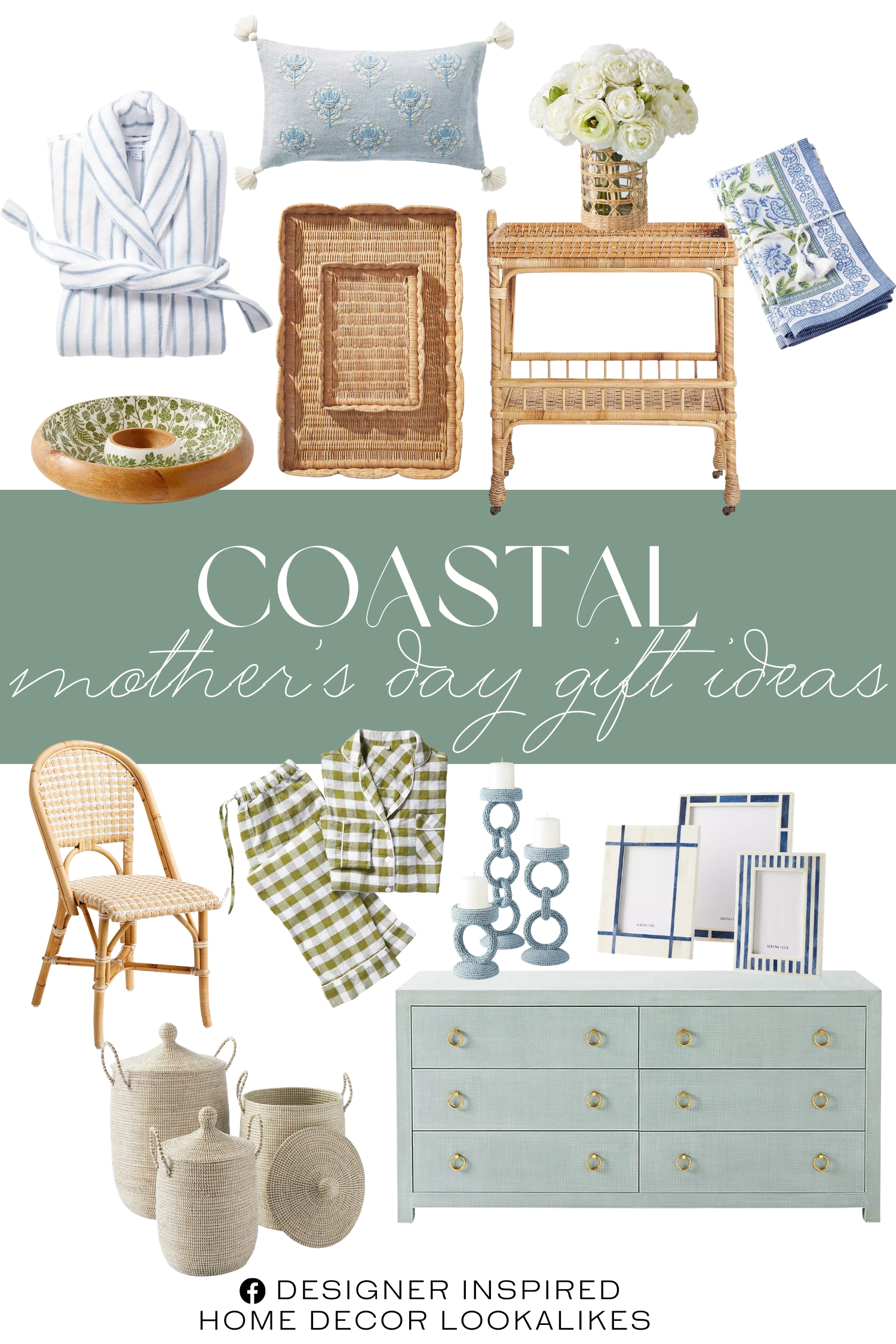 Coastal Mother’s Day Gift Ideas. Del Sur Pillar Candle Holder. Faux Ranunculus Bouquet. Riviera Étoile Rattan Dining Chair. Scallop Rattan Tray. Catania Bone Frame. La Jolla Basket. Hyannis Linen Pajamas. South Seas Rattan Side Cart. Sonoma Stripe Turkish Cotton Bathrobe. Sintra Napkins. Hawthorne Chip and Dip Bowl. Kemp Pillow Cover.