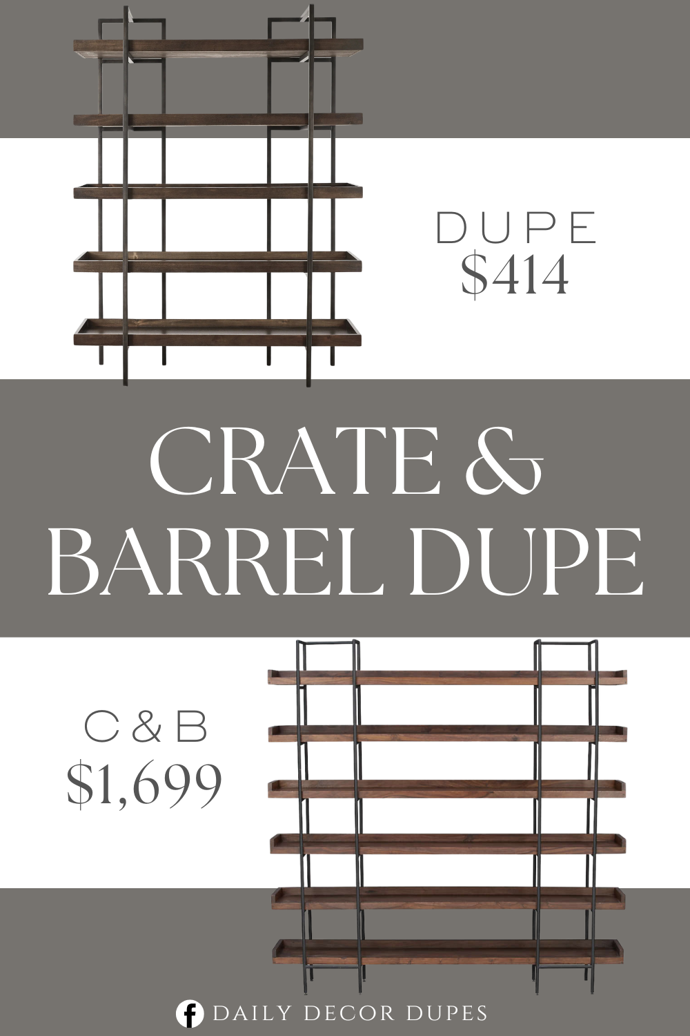 Crate & Barrel 6-High Storage Bookshelf Sable Dupe. Made of acacia veneers, wood and engineered wood. Metal frame with blackened gunmetal finish. 5 fixed shelves.