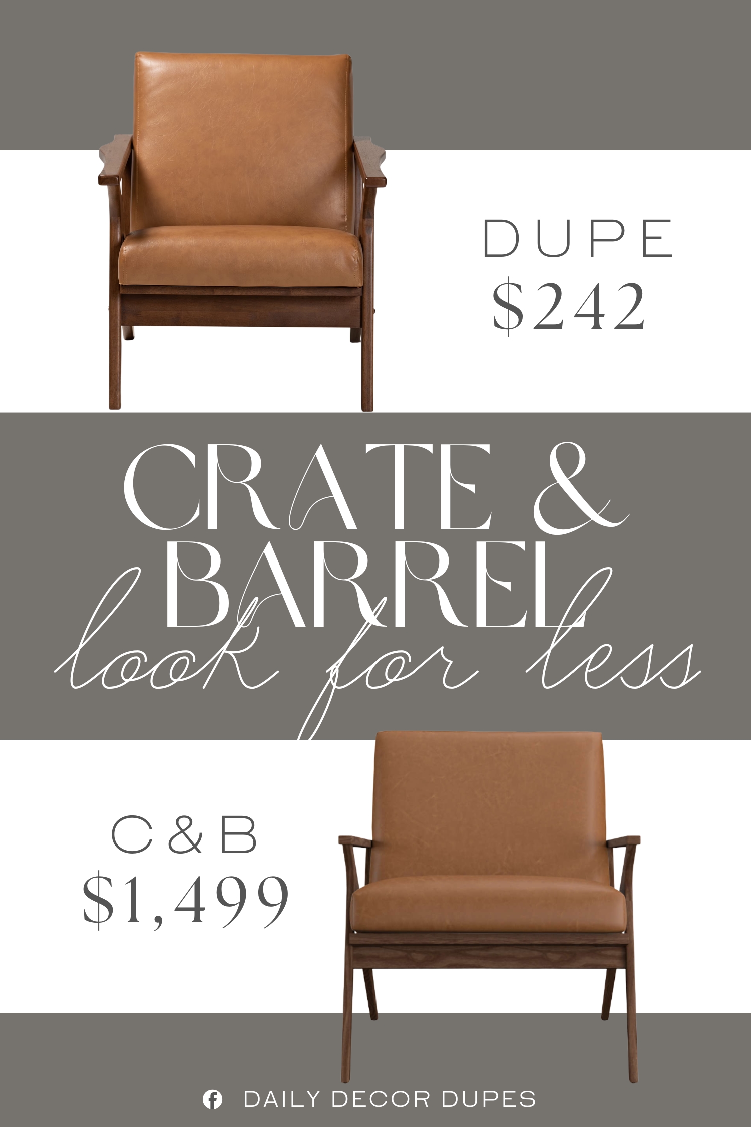 Crate & Barrel Cavett Wood and Leather Accent Chair Dupe. Constructed from solid rubberwood with an elegant walnut brown finish, ensuring durability and enhancing aesthetic appeal.