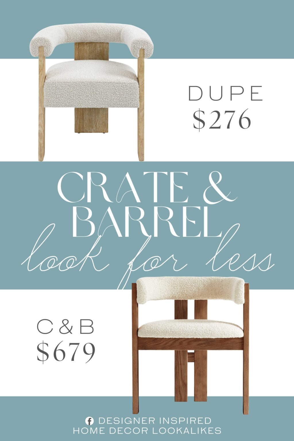 Crate & Barrel Ceremonie Natural Boucle Dining Armchair Dupe. Solid Wood Natural Finish. Rich Cream Boucle Fabric. Mid-Century Design.