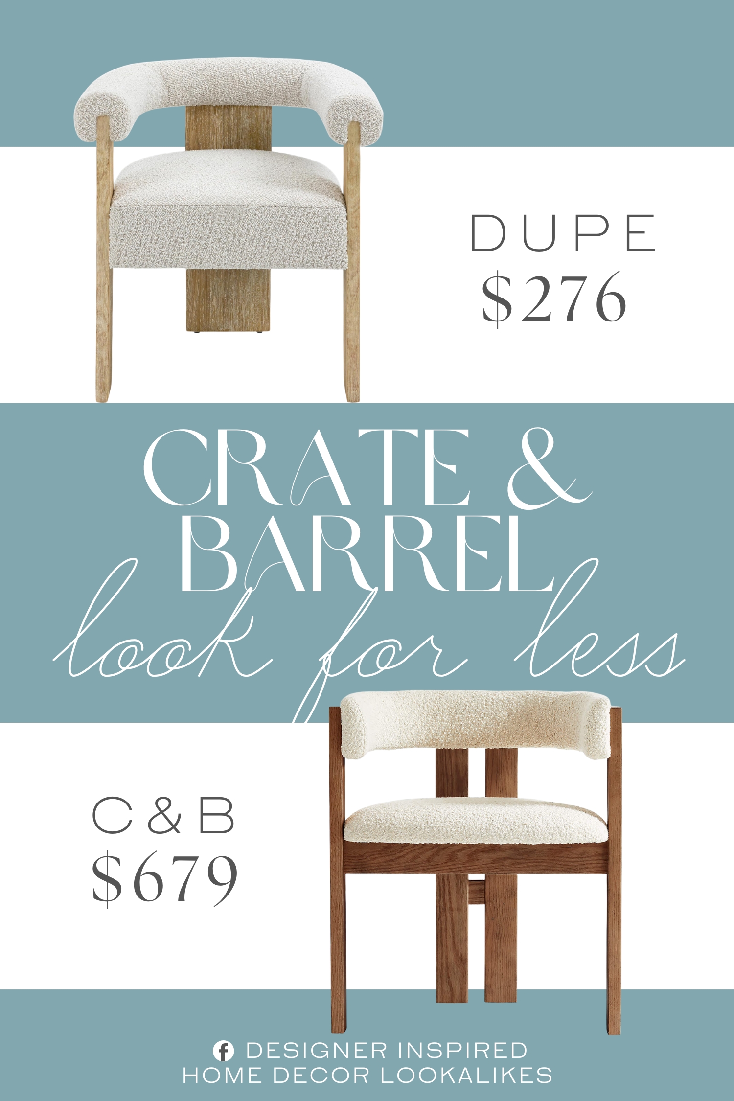 Crate & Barrel Ceremonie Natural Boucle Dining Armchair Dupe. Solid Wood Natural Finish. Rich Cream Boucle Fabric. Mid-Century Design.
