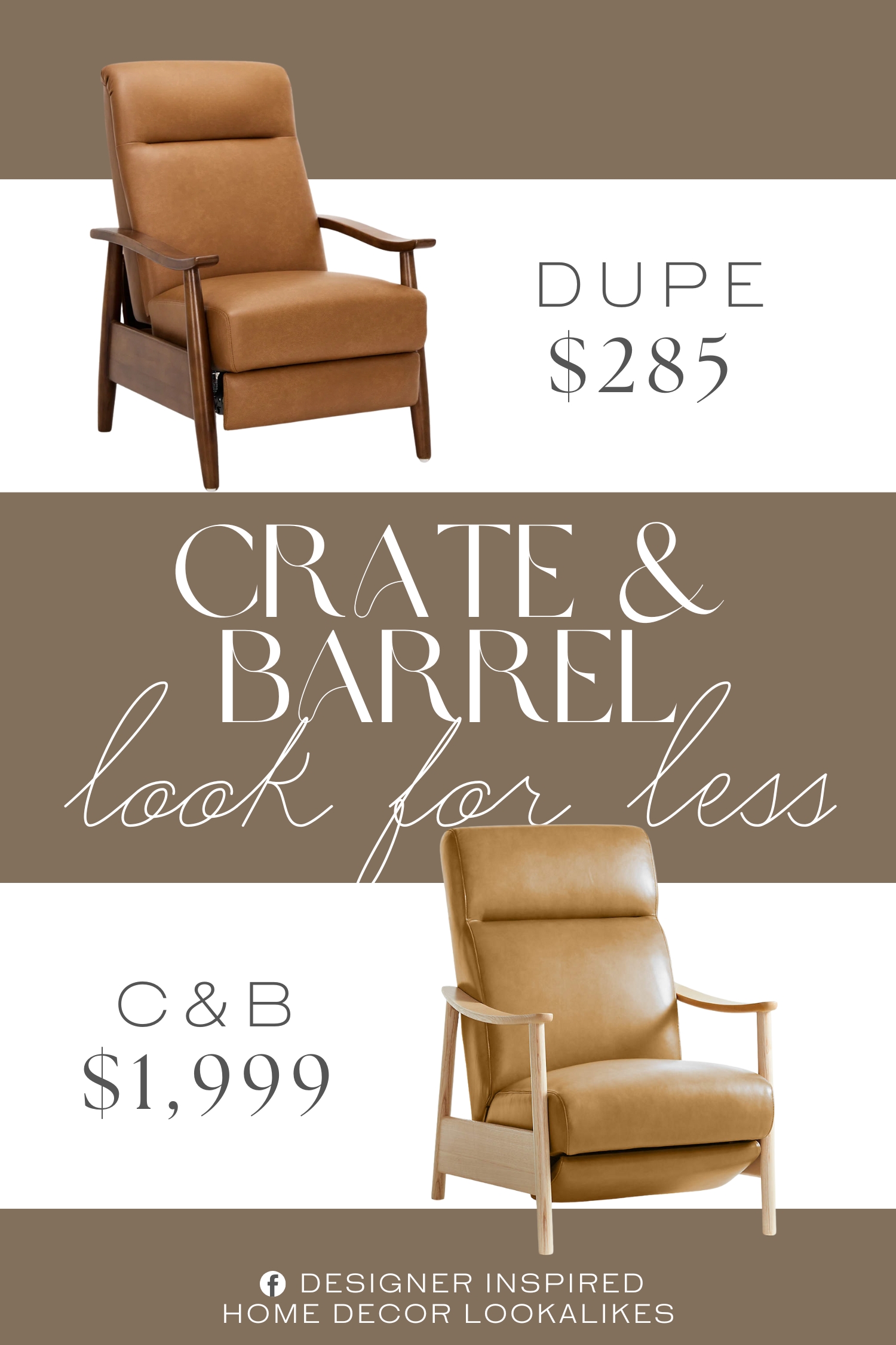 Crate & Barrel Domingo Leather Reclining Accent Chair Dupe. Constructed from premium walnut wood with elegant chestnut brown arms and tapered legs, this accent chair offers a refined, sophisticated aesthetic.