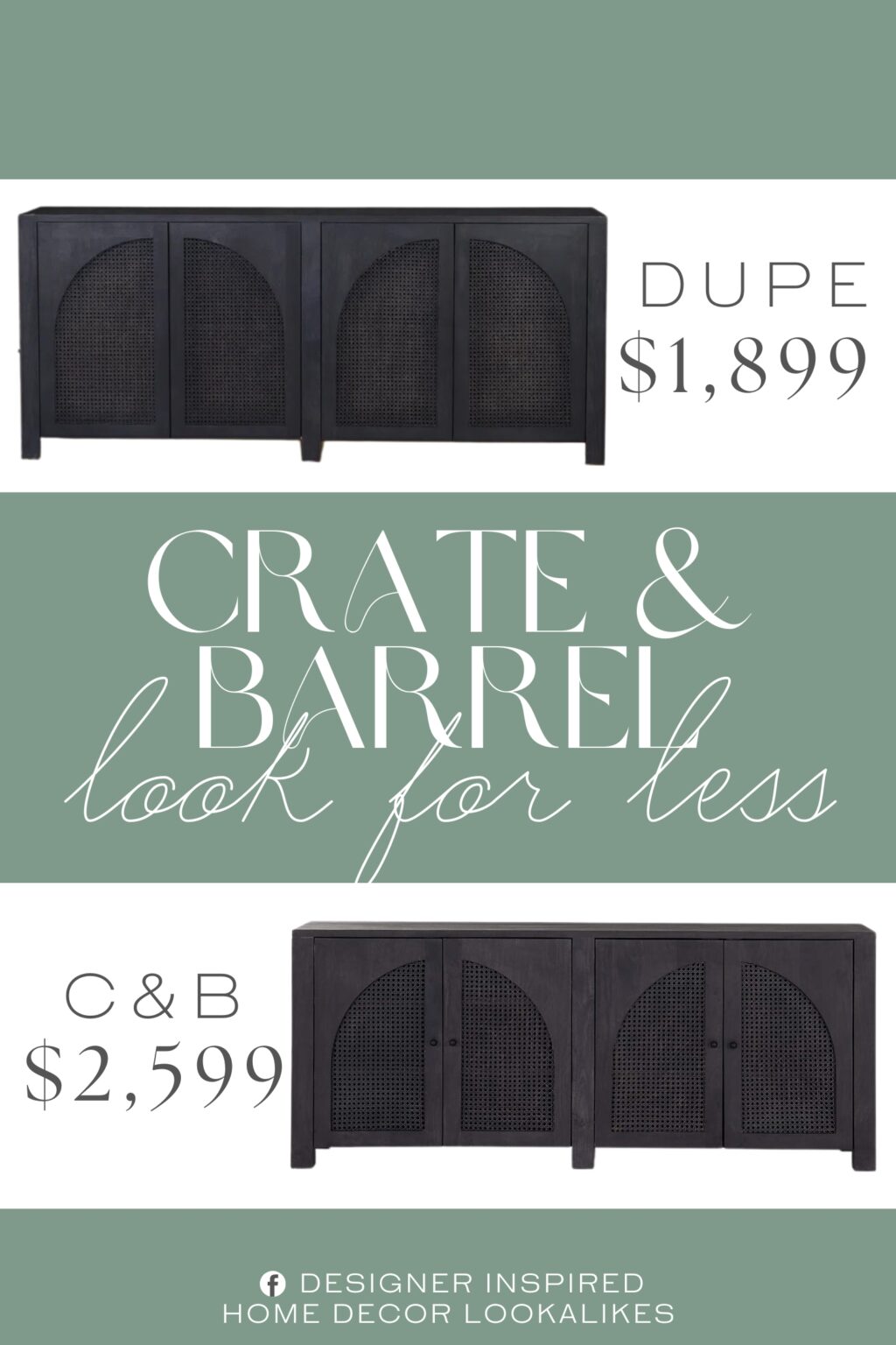 Crate & Barrel Geneva Black Wood Credenza Dupe. Crafted from resilient wood, our sideboard showcases arched cane inlays on its doors, bringing architectural drama – plus a dose of warmth and texture – to clean lines.