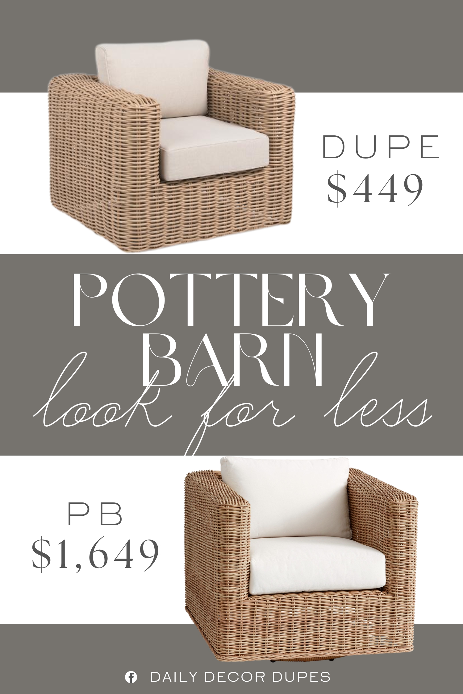 Pottery Barn Huntington Wicker Swivel Outdoor Lounge Chair Dupe. for outdoor use, 360 degree swivel, removable back and seat cushions.