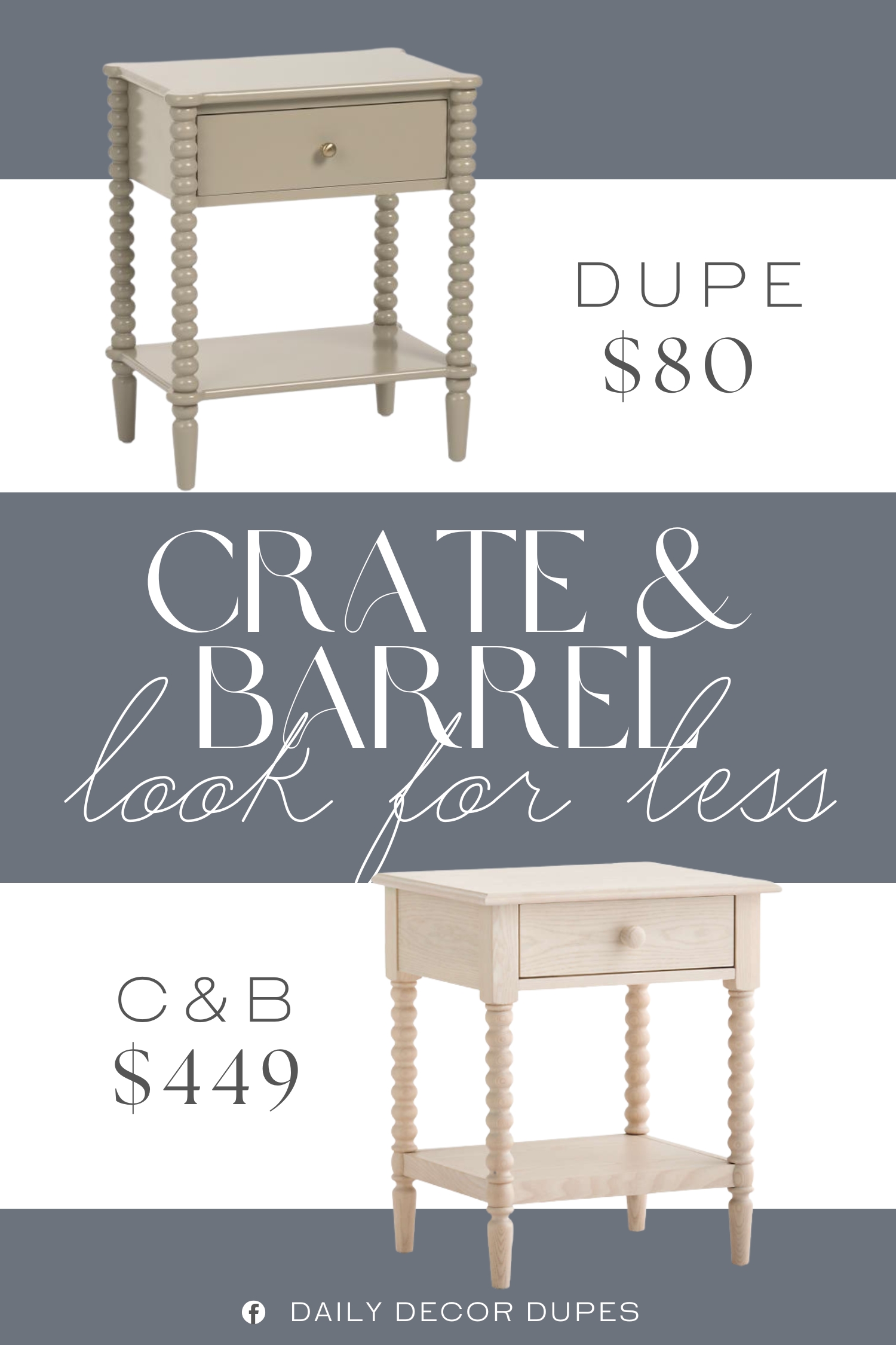 Crate & Barrel Jenny Lind Nightstand with Drawer Dupe. spindle legs, 1 drawer and 1 shelf for ample storage.