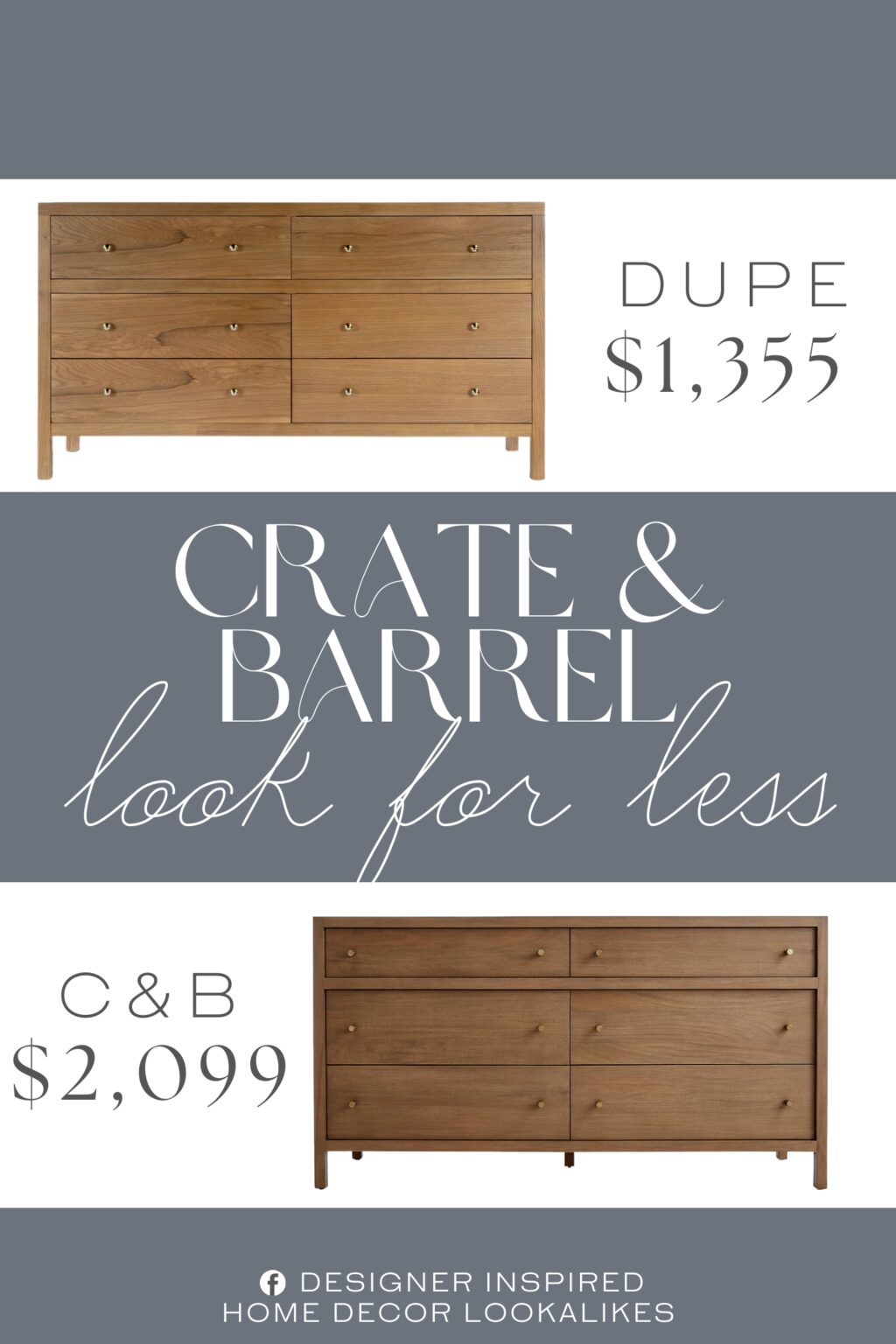Crate & Barrel Keane Solid Driftwood 6-Drawer Dresser Dupe. Designed with durability and style in mind, featuring a solid wood frame complemented by wood veneer top and side panels over engineered wood, which adds structural integrity while maintaining a natural look