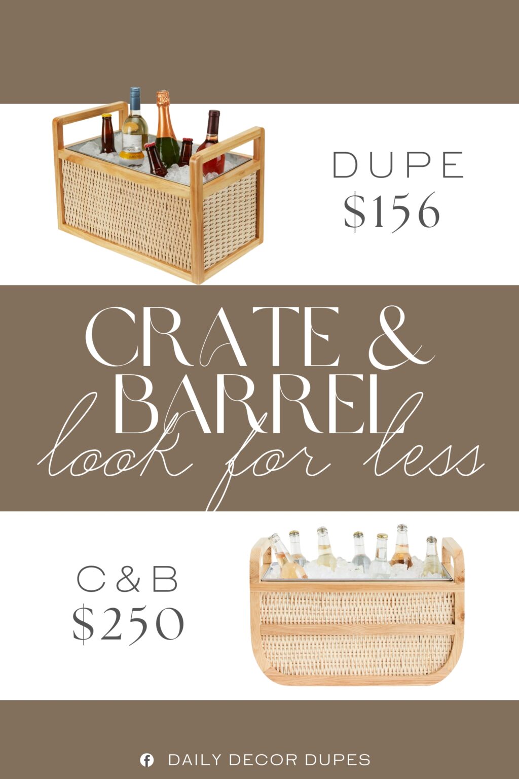 Crate & Barrel Leland Rattan Beverage Tub Dupe. A galvanized metal insert has plenty of room for ice and drinks, while rattan details bring vintage appeal.