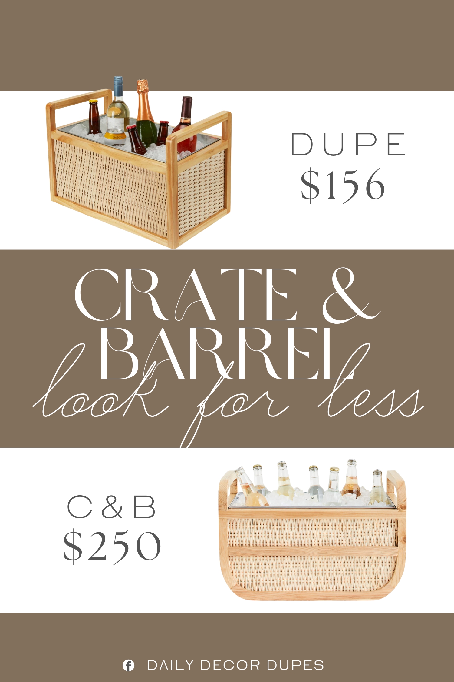 Crate & Barrel Leland Rattan Beverage Tub Dupe. A galvanized metal insert has plenty of room for ice and drinks, while rattan details bring vintage appeal.