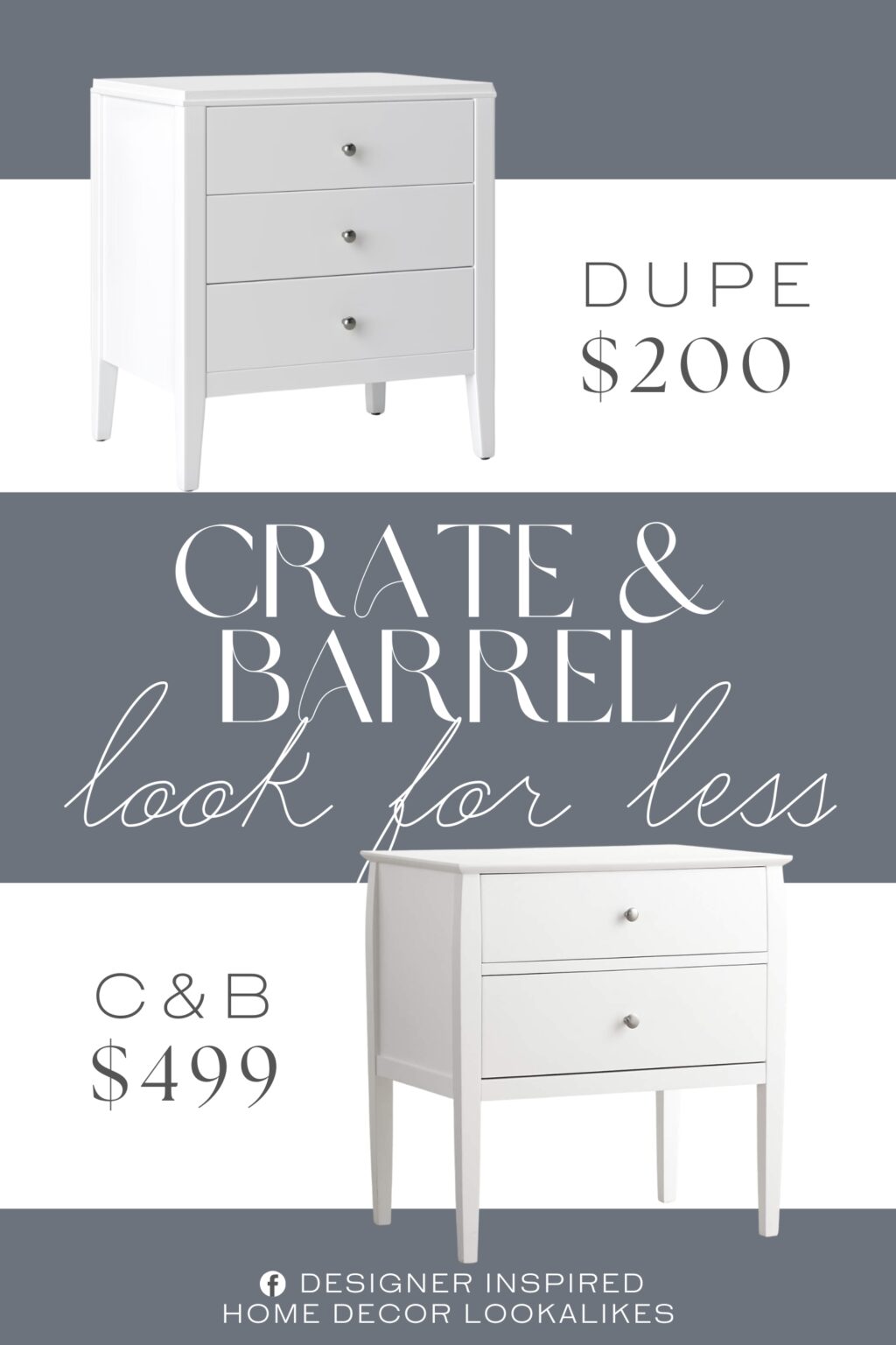 Crate & Barrel Mason White Nightstand Dupe. Modern nightstand with 3 drawers. MDF and wood construction.