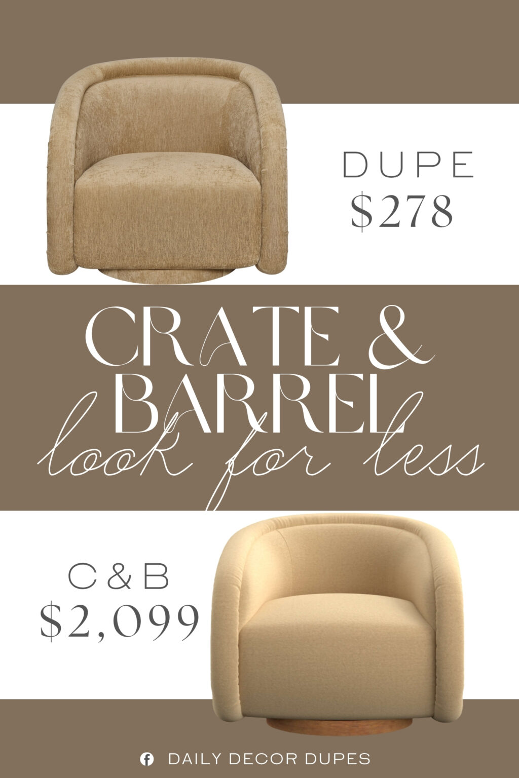 Crate & Barrel Medoc Swivel Chair Dupe. 360° steel swivel base for easy movement and flexibility. Sturdy construction for everyday use. Modern curved barrel design adds visual interest