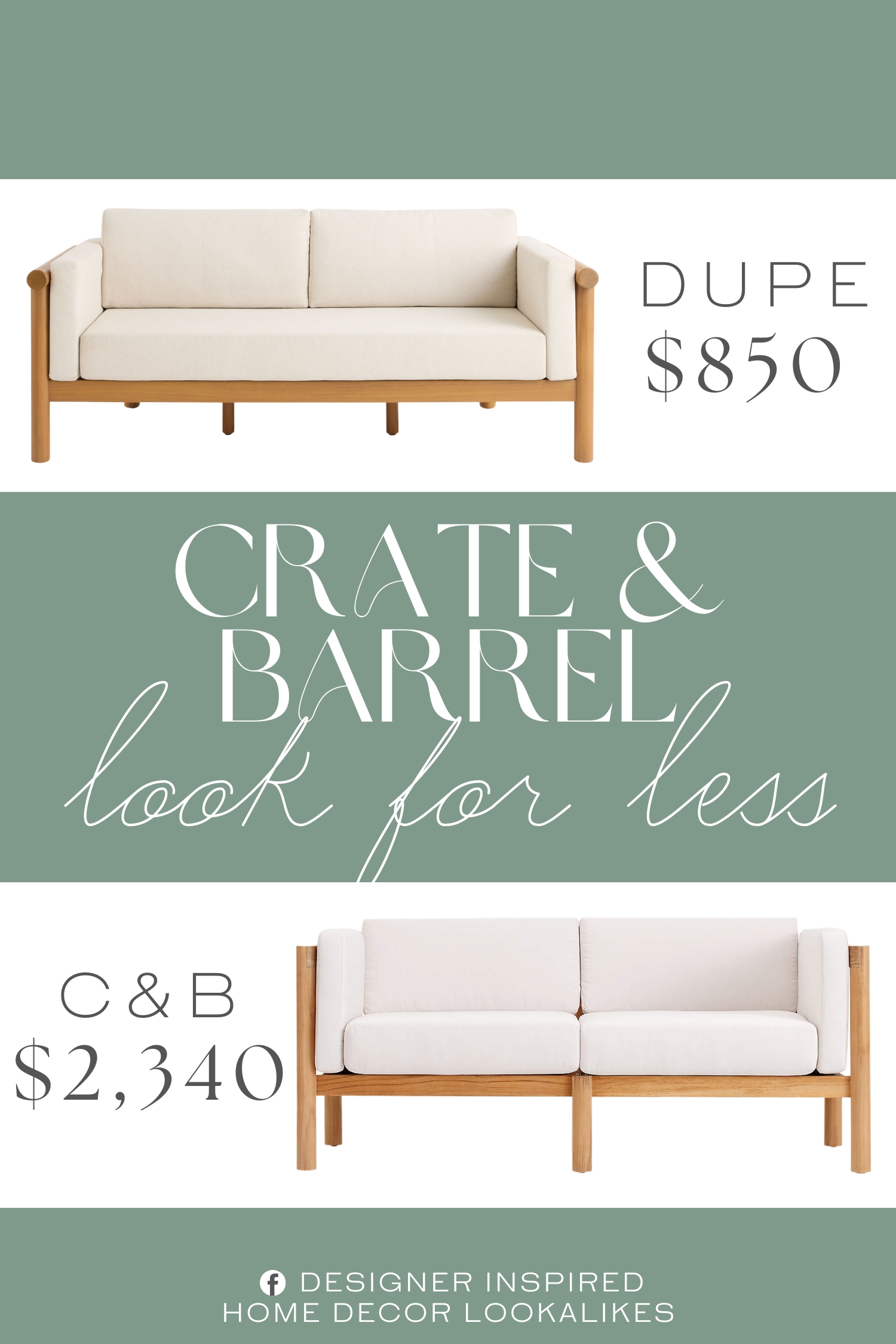 Crate & Barrel Neighbor Canvas Outdoor Loveseat Dupe. Crafted of natural acacia with a curved back, rounded arms, and pillar legs.