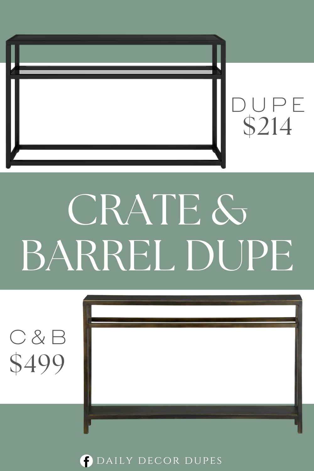 Crate & Barrel Rectangular Bronze Iron Console Table Dupe. Perfect for an entryway, media, or anywhere shelving. Lightweight stability of metal tube frame. Features a long tabletop and sleek glass shelf. Perfect for an entryway, media, or anywhere shelving.