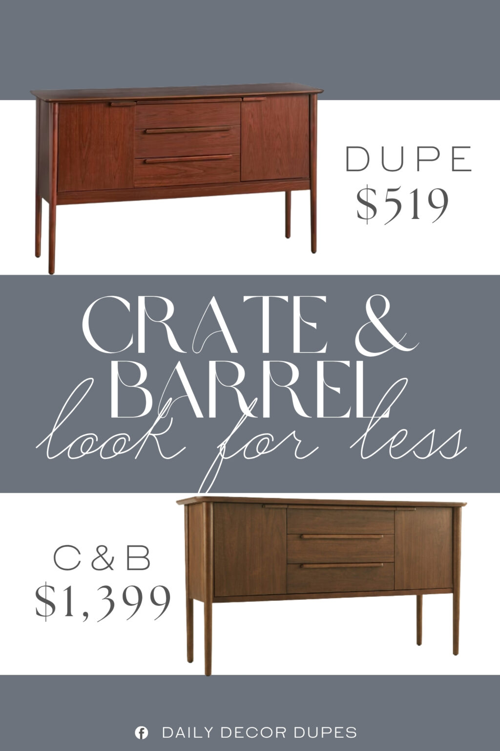 Crate & Barrel Tate Walnut Midcentury Credenza Dupe. Crafted with solid pinewood legs and MDF, it coordinates perfectly with contemporary and transitional interior styes.