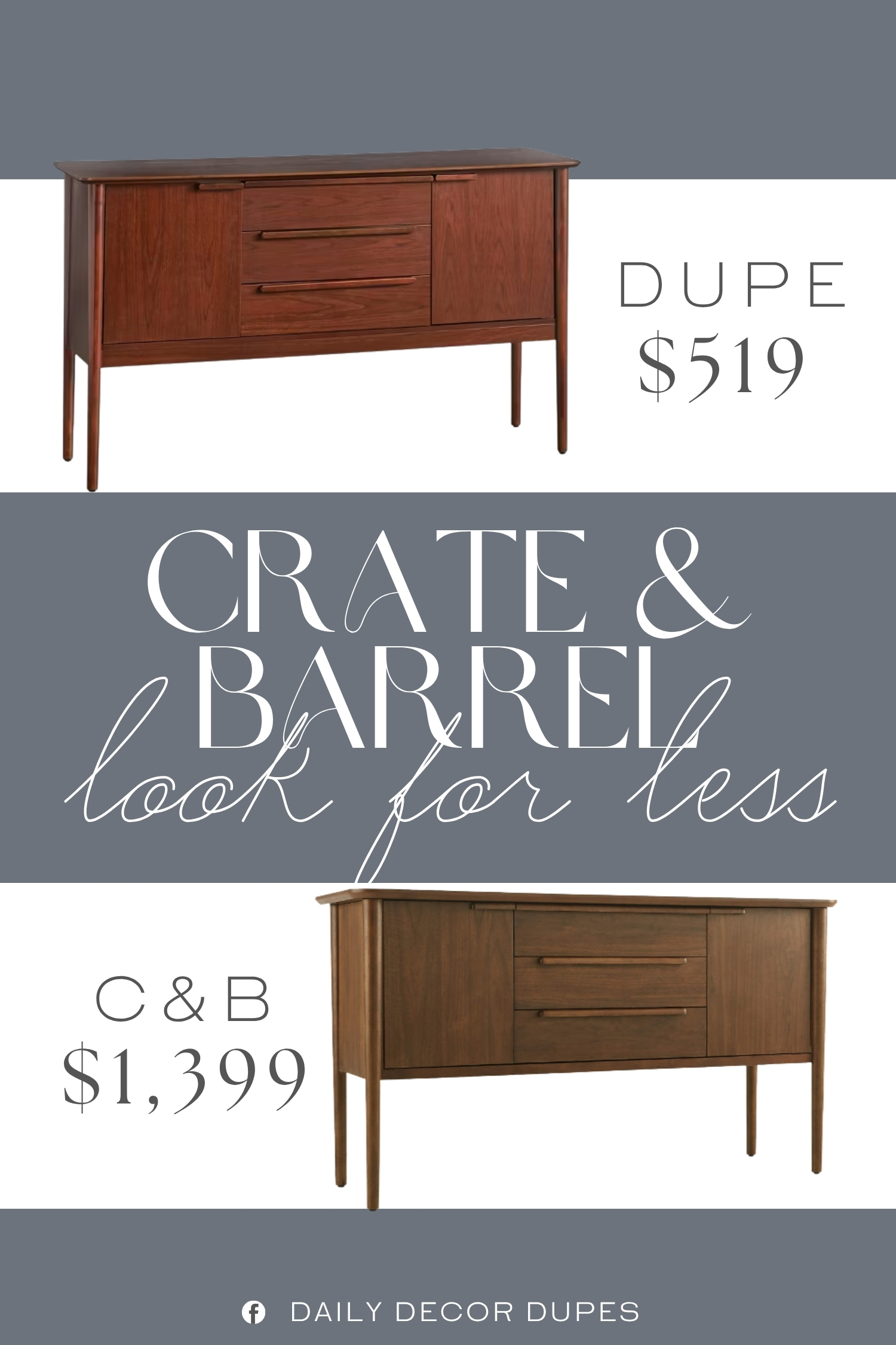 Crate & Barrel Tate Walnut Midcentury Credenza Dupe. Crafted with solid pinewood legs and MDF, it coordinates perfectly with contemporary and transitional interior styes.