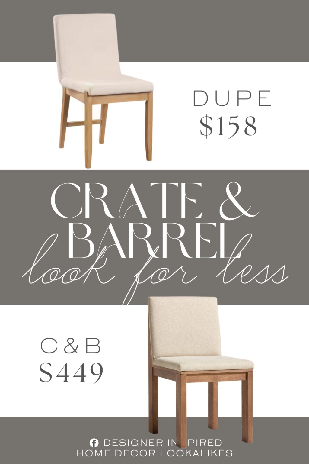 Crate & Barrel Terra Solid Wood Dining Chair Dupe. features a brushed gray wood wash on its solid legs and white natural flax upholstery, making it a suitable addition to your modern or farmhouse style kitchen.