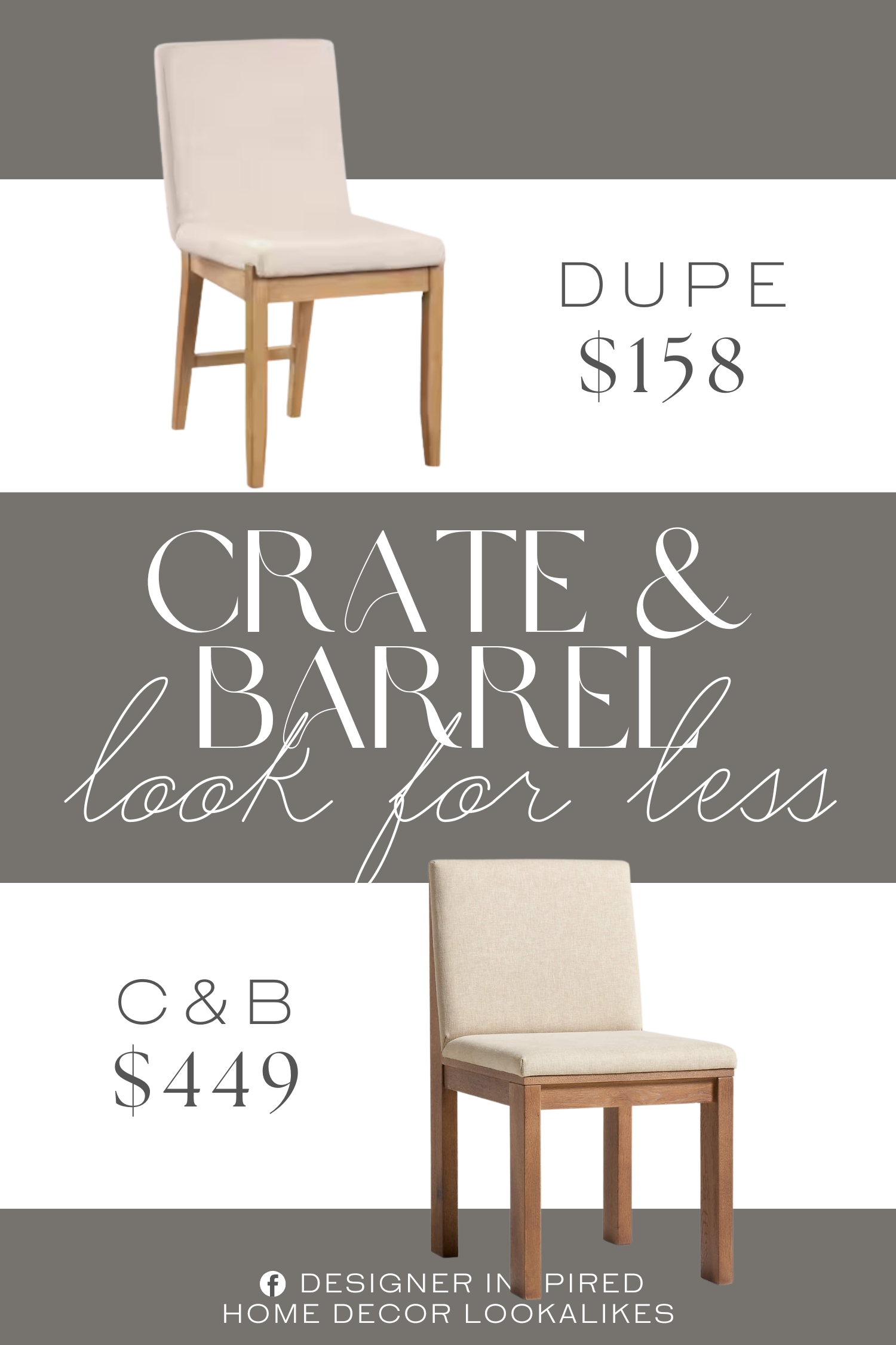 Crate & Barrel Terra Solid Wood Dining Chair Dupe. features a brushed gray wood wash on its solid legs and white natural flax upholstery, making it a suitable addition to your modern or farmhouse style kitchen.