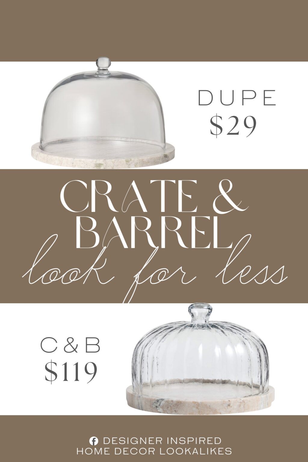 Crate & Barrel Tuscan Marble Cheeseboard with Glass Cloche Dupe. This stand is made from marble and comes with a glass lid to help you see the contents while keeping them covered.