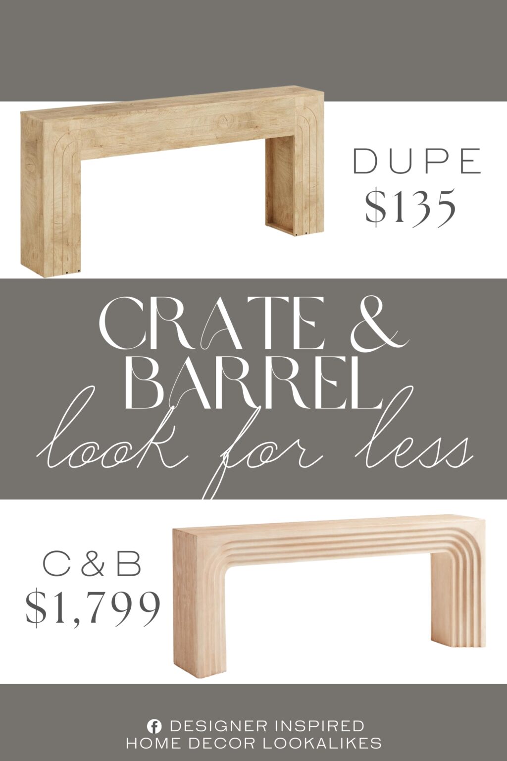 Crate & Barrel Valo Rectangular Console Table Dupe. Crafted from durable MDF, this farmhouse entryway table features a realistic wood grain finish enhanced by handcrafted line detailing. The warm tones and subtle texture bring depth and character to your space while remaining smooth, durable, and easy to maintain.