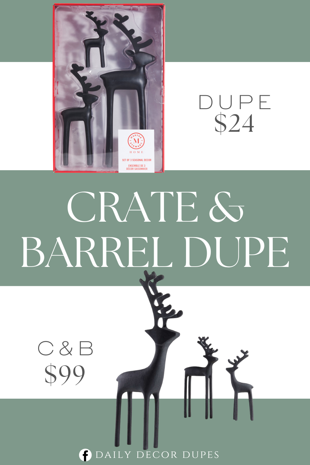 Crate & Barrel Zinc Holiday Reindeer Decoration Dupe. holiday themed decoration, matte finish, set of 3 standing figurines.