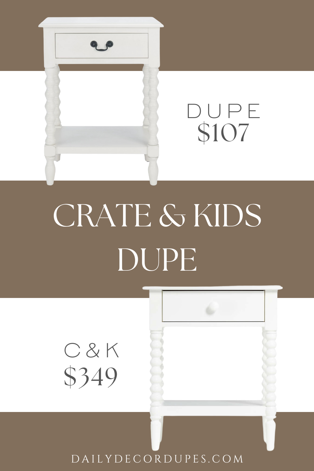 Crate & Kids Jenny Lind White Wood Spindle Kids Nightstand with Drawer Dupe. Overall Dimensions: 19W x 15.75D x 26H inches. Materials: Pine, MDF, Zinc Alloy Table. Shape: Square Table. Height: 26 inches Weight Capacity: 40 lbs.