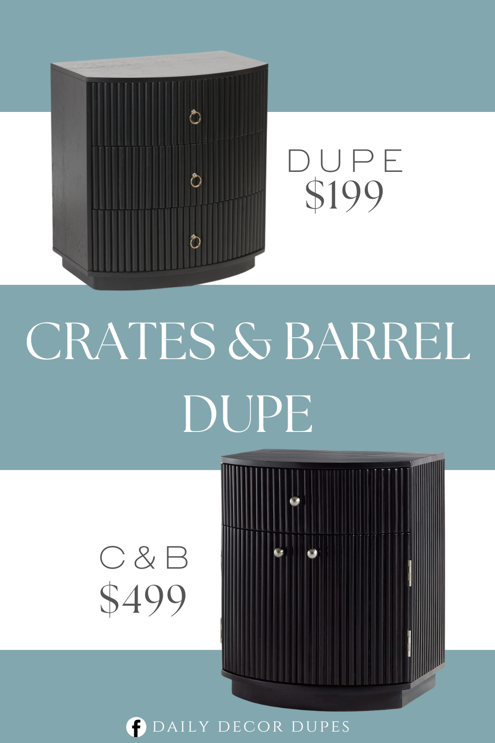 Crates & Barrel Cameo Curved Black Wood Nightstand with Drawer Dupe. 3 drawers for ample storage, gold tone handles, fluted style Overall dimension 24in W x 24in H x 15.5in L.