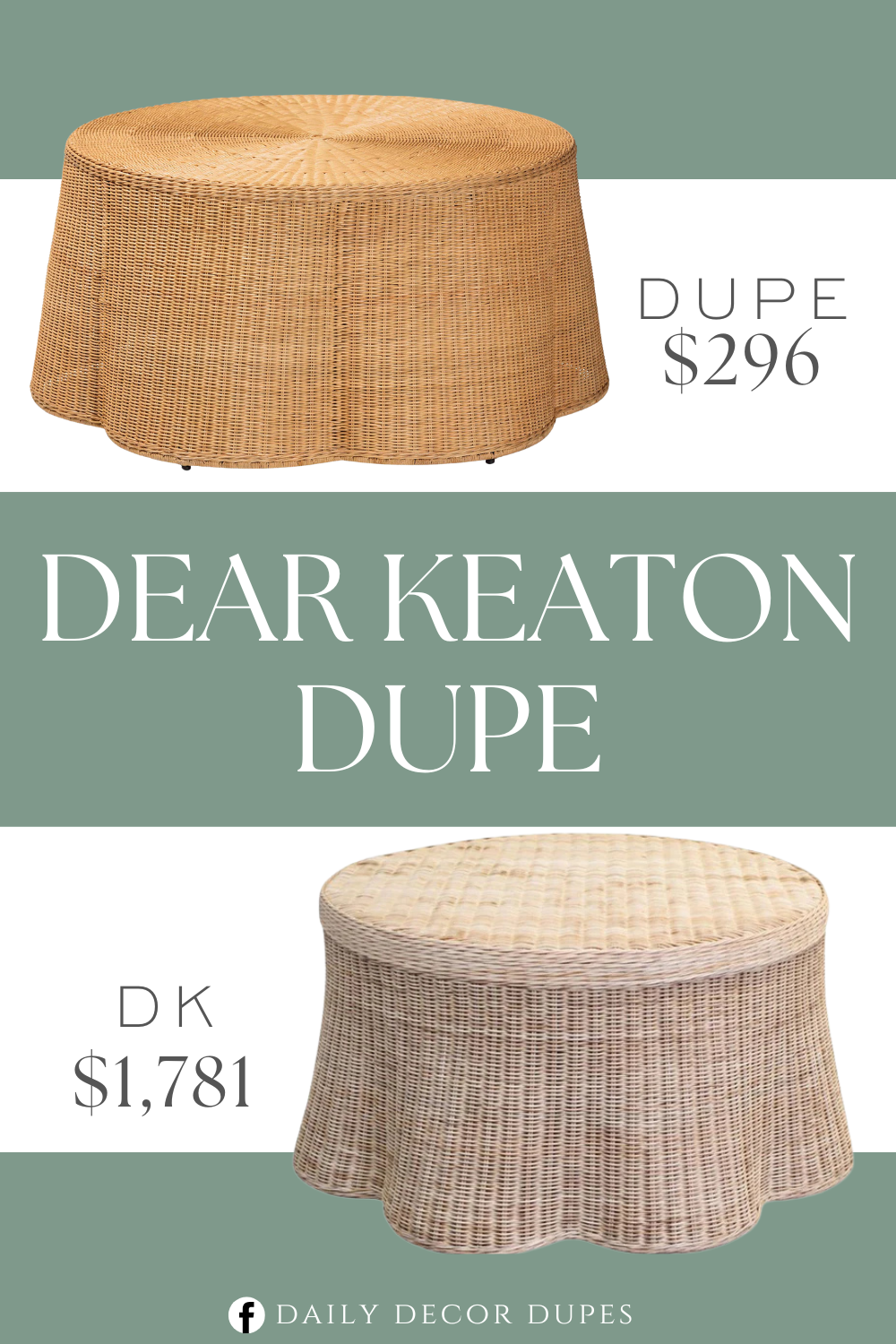 Dear Keaton Harbour Island Coffee Table Dupe. Bohemian coffee table. Constructed from Natural Rattan, Metal, and Engineered Wood. Scalloped design. Handwoven natural rattan. Round tabletop.