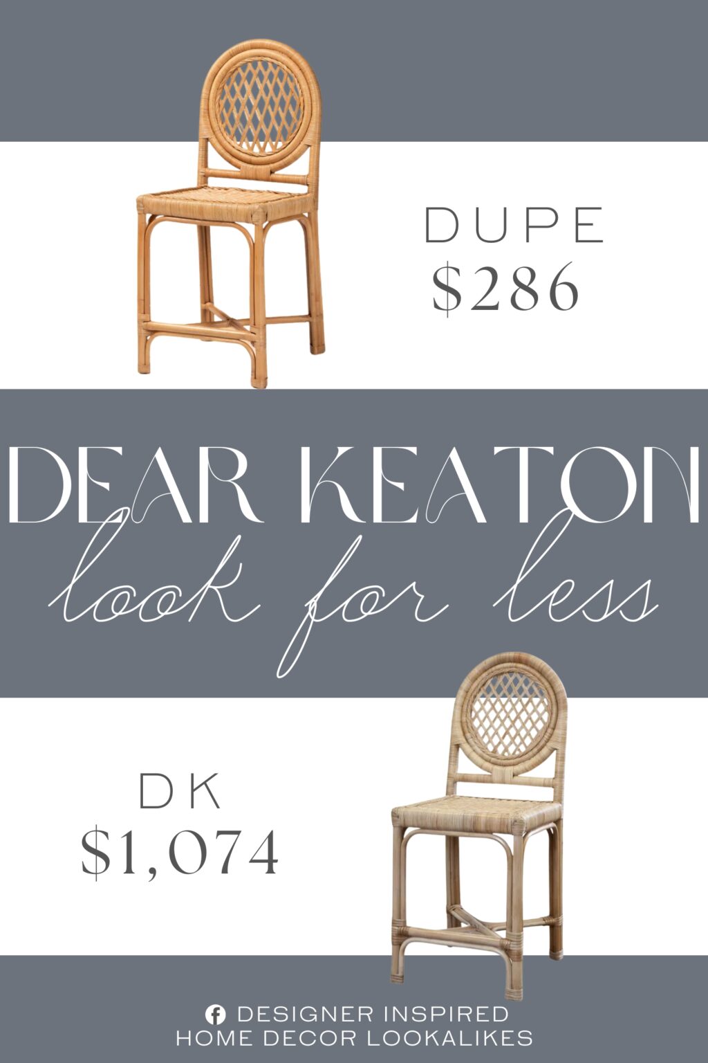 Dear Keaton Louis XVI Trellis Counter Stool Dupe. A woven rattan pole frame embellished with a woven backrest and seat provides superb comfort and a rustic charm.